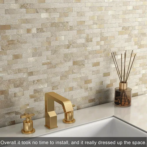 Miniatura 3 de VAOVI Adhesivo de pared de ladrillo con aspecto de mármol para despegar y pegar, azulejos de mosaico en muro de cocina y baño (5 hojas, mezcla beige)