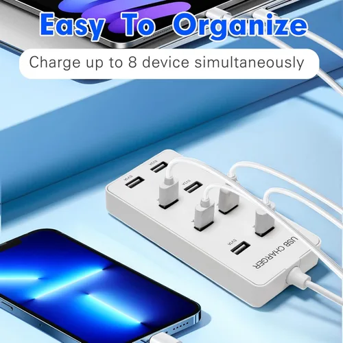 Miniatura 6 de Cargador de pared USB Estación de carga USB para múltiples dispositivos, tira de concentrador de carga de 8 puertos, bloque de cargador inteligente