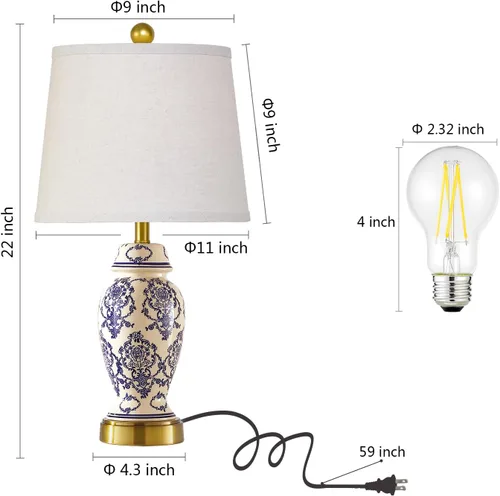 Miniatura 6 de Chinoiserie - Juego de 2 lámparas de mesa de cerámica para sala de estar, dormitorio, mesita de noche, lámpara de mesa clásica de porcelana azul