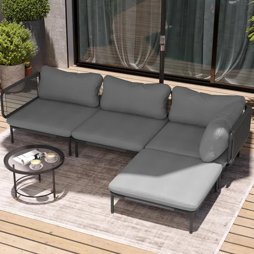 Miniatura 11 de Juego de muebles de patio, muebles de patio al aire libre, sofá seccional de metal de gran tamaño, juego de conversación de 4 asientos con cojín