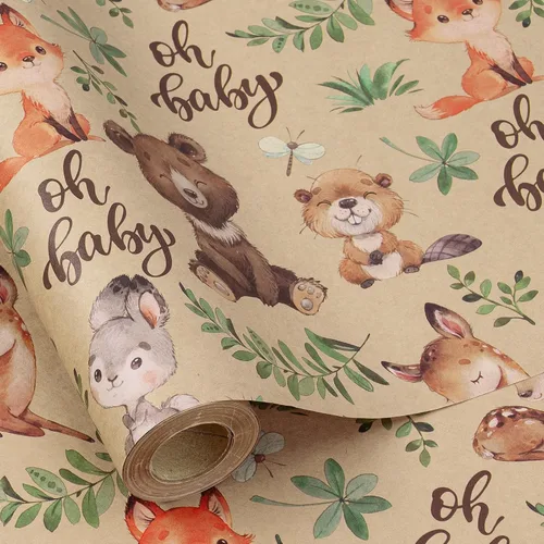 RUSPEPA - Rollo de papel para envolver regalos con diseño de animales del bosque, mini rollo, papel kraft con texto "Oh Baby" para baby shower,