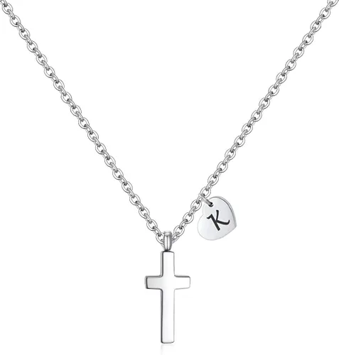 Tiny Cross Necklace for Girls Heart Initial Necklace Heart Birthstone Necklace Letter Stainless Steel Pendant Jewelry First Communion Baptism