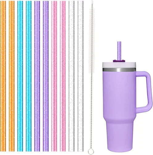Paquete de 10 popotes de repuesto para vaso Stanley de 40 oz y 30 oz, color brillante. Popotes reutilizables aptos para lavavajillas con cepillo de