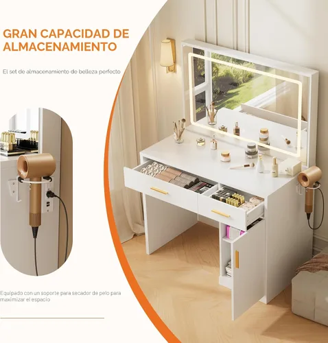 Miniatura 6 de Sweetcrispy Escritorio de tocador con espejo LED de 35.4" y luces, mesa de maquillaje con estación de carga (2AC/USB/C), 2 cajones y gabinete