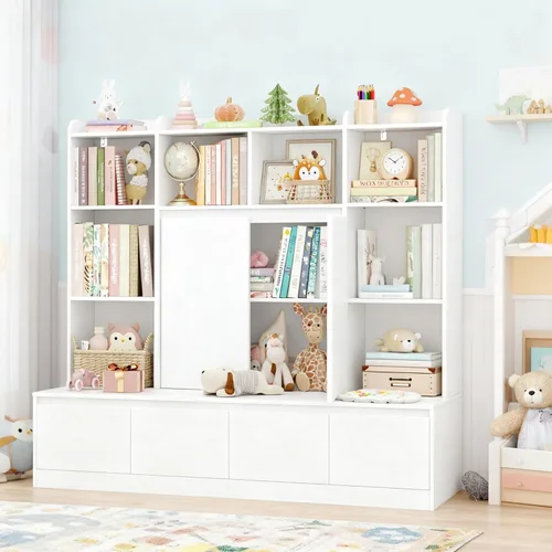 Miniatura 8 de HIFIT Estantería 4 en 1 para niños y organizador de almacenamiento de juguetes con banco, estantería para niños de 10 cubos con rincón de lectura