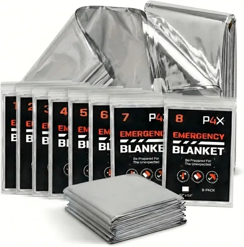 PREPARED4X Paquete de 8 mantas Mylar – Manta de emergencia impermeable – Equipo de supervivencia resistente a rasgaduras y desgarros – Manta térmica