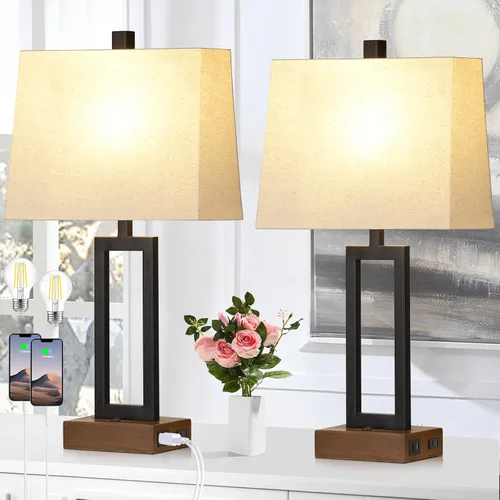 Rinweey Juego de 2 lámparas de mesa de 23.5 pulgadas, modernas lámparas de noche negras con 2 puertos USB y salida de CA, lámparas de mesita de