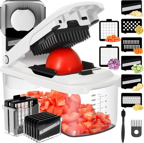 Miniatura 13 de Ourokhome Cortador de verduras con recipiente, cortador manual de cebolla con 2 cuchillas de cortar para tiras de papa, cubos de verduras, palitos