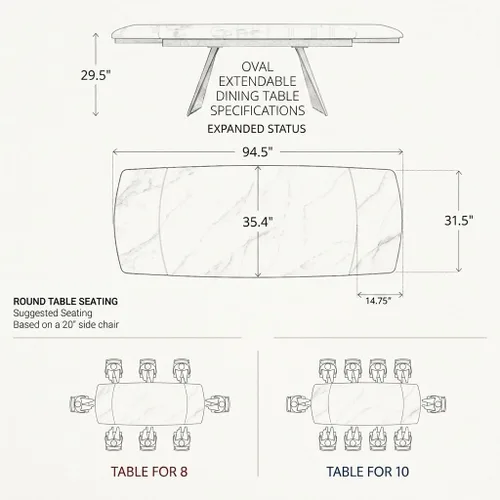 Miniatura 2 de Mesa de comedor extensible con extensión, 65"-95" piedra sinterizada rectangular, superficie con aspecto de mármol, para 6-12 personas, base