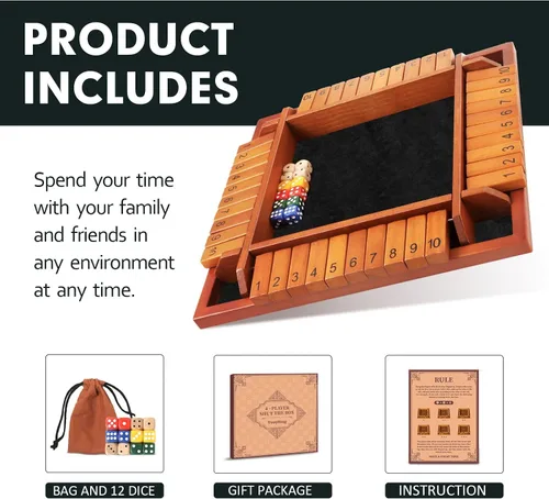 Miniatura 2 de TooyBing - Juego mejorado de dados Shut The Box para 1-4 jugadores, juego de mesa de madera para la familia para niños y adultos con 12 dados, juego