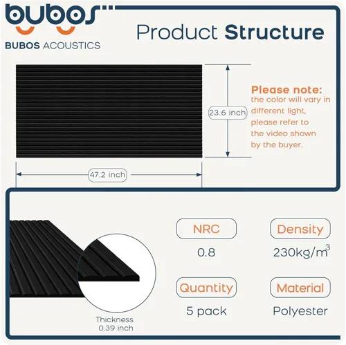 Miniatura 2 de BUBOS Paquete de 5 Paneles Acústicos Grandes, 47.2" X 23.6" X 0.4" Panel de Pared Acústico, Paneles de Espuma Autoadhesivos a Prueba de Sonido, Negro