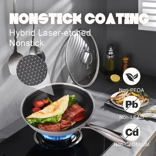 Miniatura 8 de Wok híbrido de 13 pulgadas con tapa, woks de acero inoxidable y sartenes antiadherentes, sin PFOA, apto para lavavajillas y horno, compatible