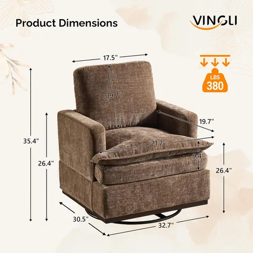 Miniatura 2 de VINGLI Silla giratoria de 360° con cojines de asiento de doble capa, sillón giratorio moderno, silla de club cuadrada tapizada para sala de estar