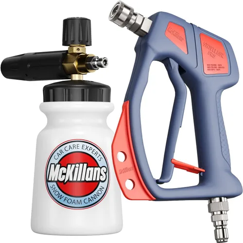 McKillans Pistola giratoria PRO + cañón de espuma (mes ancho), pistola de lavado a presión corta con giratorio, mango de alta presión, dispensador