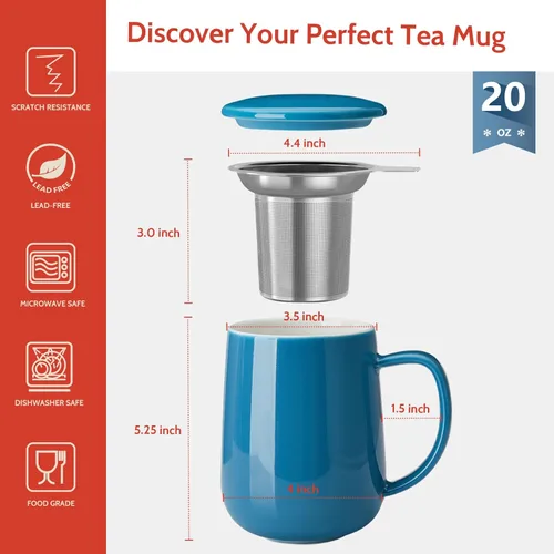 Miniatura 2 de Sweese Taza de té de porcelana con infusor y tapa, 20 onzas, azul acero, apta para microondas, reutilizable