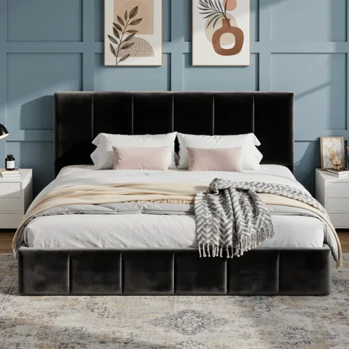 Miniatura 14 de SHA CERLIN Marco de cama tamaño queen, cama de plataforma tapizada en terciopelo holandés, cabecera ajustable con canales verticales acolchados