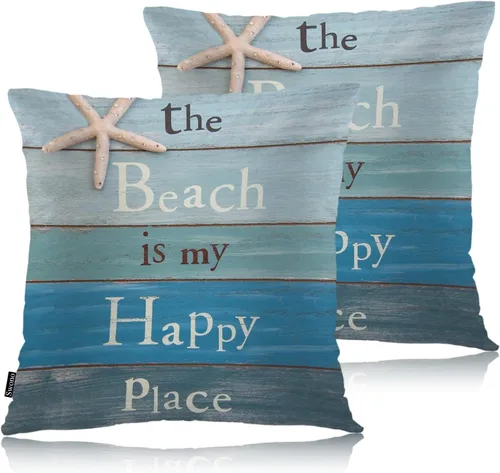 Swono - Juego de 2 fundas de almohada decorativas cuadradas de 18 x 18 pulgadas, playa, la playa es mi lugar feliz, cita de madera, funda de cojín