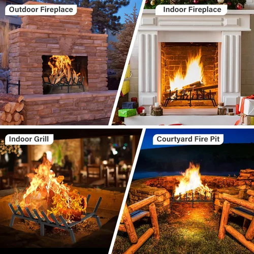 Miniatura 6 de SNOGSWOG Rejilla de chimenea de 24 pulgadas, estante para leña de acero sólido, rejillas de fuego resistentes, estante de chimenea negro mate