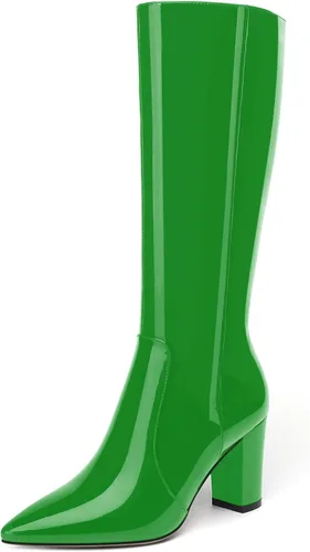 Miniatura 162 de AMBELIGHT Botas altas hasta la rodilla con cremallera y puntera puntiaguda para mujer, de patente sólida, tacón alto, 3.3 pulgadas