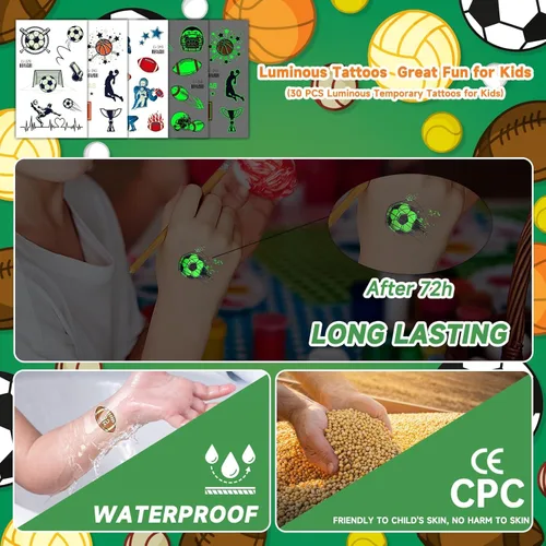 Miniatura 5 de EMOME 30 hojas de tatuajes luminosos para niños, estilos deportivos, calcomanías temporales de tatuaje con fútbol, baloncesto, fútbol, suministros