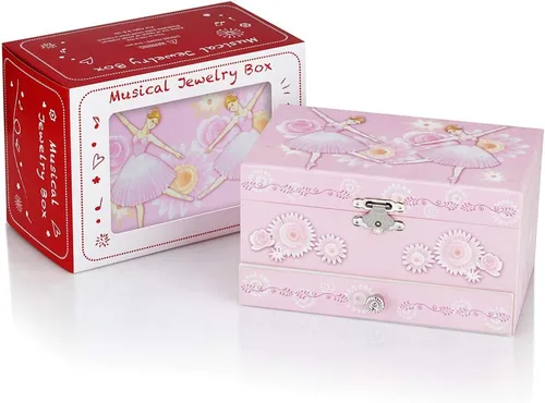 Miniatura 4 de RR ROUND RICH DESIGN - Joyero musical para niñas con cajón y juego de joyas con tema de bailarina, melodía de “El lago de los cisnes”, color rosado