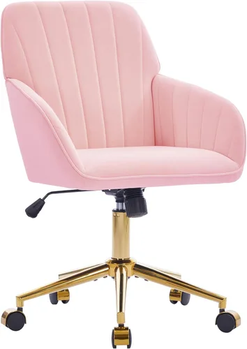 Miniatura 28 de Silla de oficina de terciopelo a rayas, silla ergonómica giratoria de 360° con respaldo alto, base dorada y ruedas, silla moderna de altura Rosa