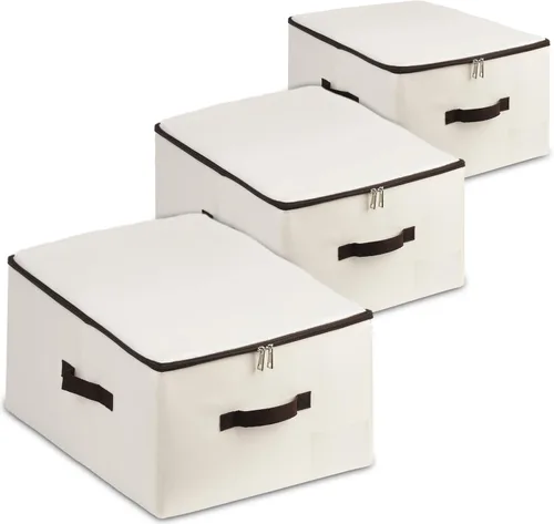 Miniatura 7 de AMJ Caja de almacenamiento plegable de tela (juego de 2) – Contenedor con tapa para armario, hogar – Cubo organizador beige – Lavable y apilable
