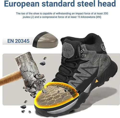Miniatura 6 de AUVYI Botas de trabajo impermeables con punta de acero para hombre, de ancho, cómodas, duraderas, antideslizantes, de cuero, zapatos de trabajo