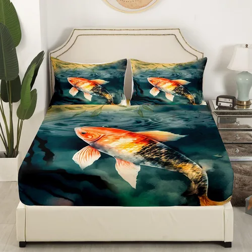 Miniatura 3 de jejeloiu Juego de sábanas Koi de tamaño individual para niños, niñas, adolescentes, decoración de dormitorio, sábanas temáticas oceánicas con sábana