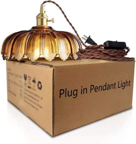 Miniatura 2 de XZHGCEE Lámpara colgante enchufable con luz colgante: lámpara colgante de vidrio ámbar enchufable, cable de lámpara de swag de 14.7 pies con Enchufe