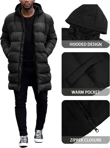 Miniatura 5 de Runcati Abrigo acolchado con capucha para hombre, chaqueta larga y cálida de invierno, gruesa y acolchada con capucha