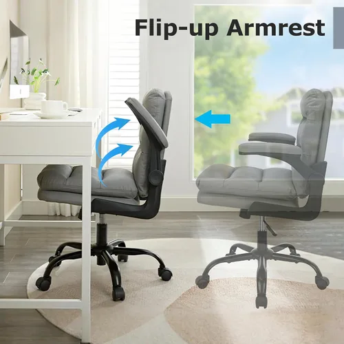 Miniatura 6 de VECELO Silla giratoria ergonómica de escritorio de oficina con reposabrazos abatible y altura ajustable, soporte lumbar y cojín grueso de piel Gris