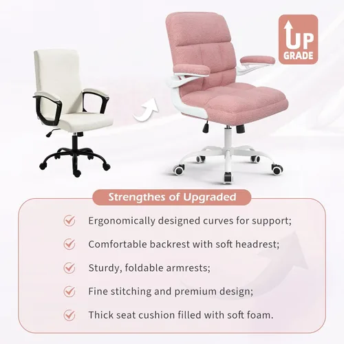 Miniatura 8 de Silla de oficina con ruedas, silla ergonómica de escritorio para computadora con reposabrazos abatible, silla giratoria ajustable con ruedas de Rosa