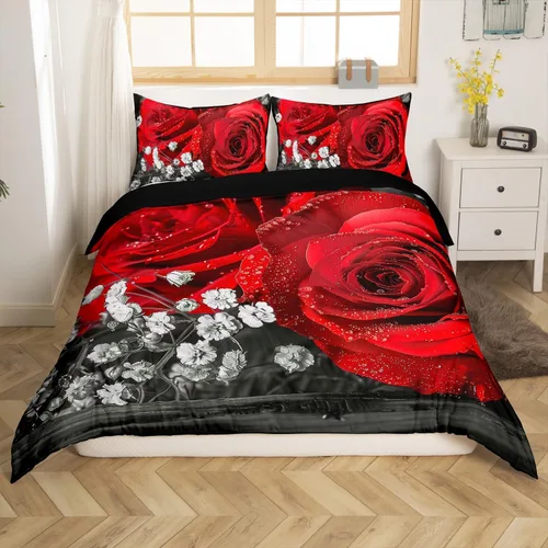 Miniatura 8 de Juego de funda de edredón de rosa roja, tamaño matrimonial, juego de ropa de cama floral color rojo degradado y negro para niñas, mujeres, niños