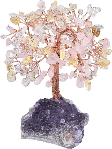 Miniatura 6 de mookaitedecor Árbol de cuarzo rosa natural, cuarzo de roca y cristal citrino con base de cristal de racimo de amatista, figuras de árbol de dinero