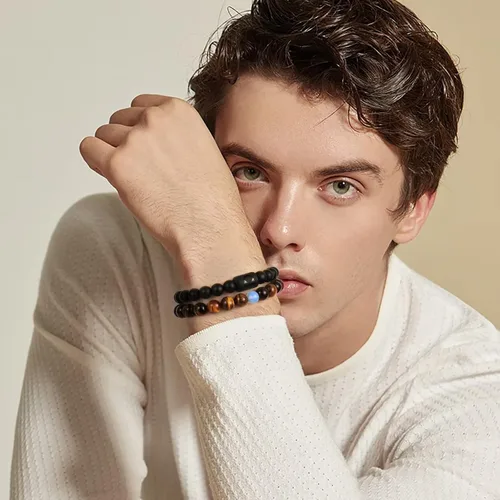 Miniatura 2 de Pulseras del zodiaco para hombres y mujeres, hechas a mano de 0.315 in de ojo de tigre natural y piedra de ágata mate para hombre, pulseras