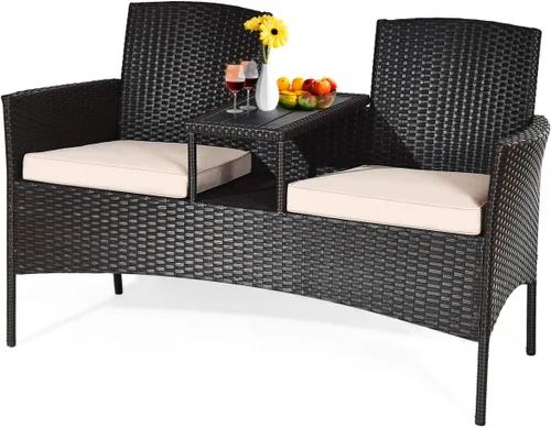 Miniatura 10 de HAPPYGRILL Sofá biplaza de mimbre de ratán con mesa de café, sofá de conversación al aire libre con cojines para jardín, césped, patio trasero