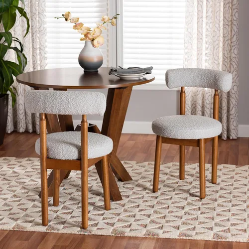 Miniatura 2 de Baxton Studio Edric Modern Japandi - Juego de sillas de comedor de 2 piezas con tela de boucle gris claro y acabado marrón nogal