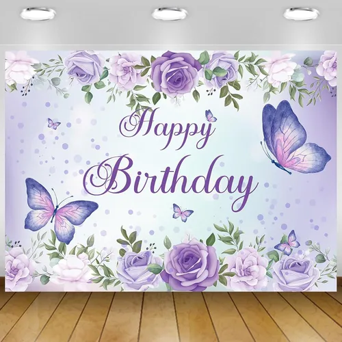 Miniatura 11 de Pancarta de cumpleaños de mariposa morada para mujeres y niñas (59 x 36 pulgadas), pancarta morada para decoración de feliz cumpleaños para mujeres