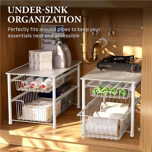 Miniatura 6 de Simple Houseware Cajón organizador apilable de cesta deslizante, blanco, 2 niveles