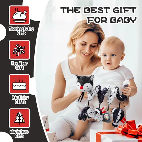 Miniatura 6 de Jollybaby Cochecito de cuna, juguete de asiento de automóvil para bebé de 0-3-6-9-12 meses, juguetes sensoriales colgantes para recién nacido