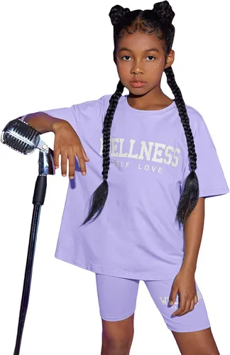 Floerns Conjunto de 2 piezas para niñas con estampado gráfico y pantalones cortos de motociclista