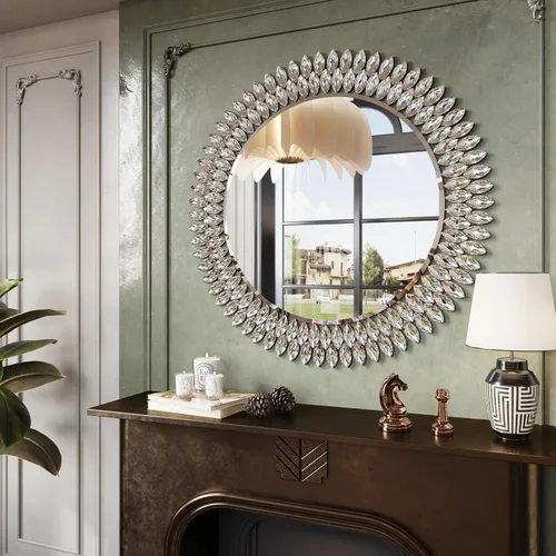 Miniatura 2 de Kelly Miller Espejo redondo con joyas para decoración de pared, espejo de pared decorativo moderno de 32 pulgadas con diamantes de lujo, espejo