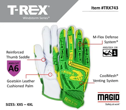 Miniatura 2 de MAGID TRX743 ANSI A6 Guantes de impacto de la serie Windstorm resistentes al corte de alta visibilidad, 1 par, talla 10/XL