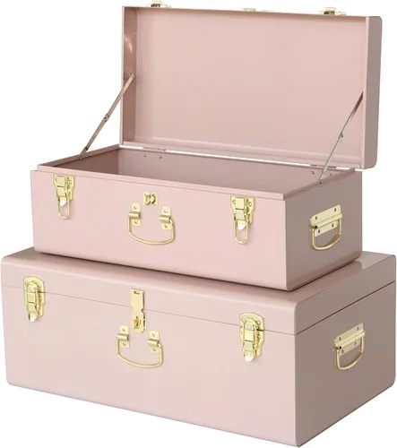 Vixdonos Conjunto de 2 baúles de almacenamiento decorativos de metal – baúl para dormitorio universitario con asa (rosa)