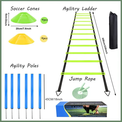 Miniatura 2 de Equipo de bastones de entrenamiento de agilidad, equipo de entrenamiento de fútbol, escalera de velocidad de 20 pies, 6 postes de agilidad, 8 conos