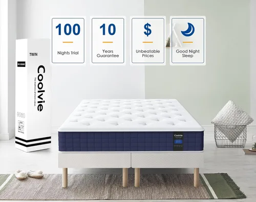 Miniatura 8 de Colchón Coolvie individual, híbrido de 10 pulgadas, resortes individuales con espuma viscoelástica, cama en una caja, sueño más fresco con alivio