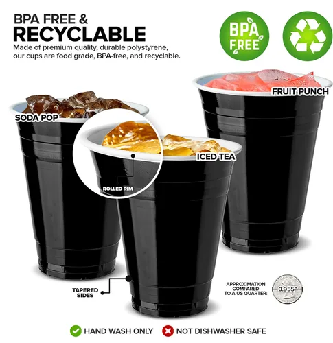 Miniatura 3 de Stock Your Home Vasos de plástico negros desechables, 16 onzas (50 unidades) resistentes, paquete de vasos grandes para fiesta, paquete a granel