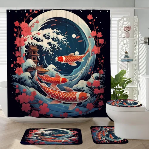 Miniatura 34 de Cortina de ducha japonesa Fuji Mountain de cerezo asiático, cortina de ducha con diseño de anime, decoración de baño, tela de poliéster, 62 x 72 Azul