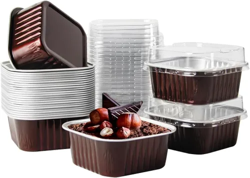 Miniatura 12 de 50 Pcs Mini Square Baking Cups with Lids,5oz Aluminum Foil Mini Cake Pans with Lids,Disposable Ramekins Cake Pans,150ml Dessert Cups Cupcake Pans